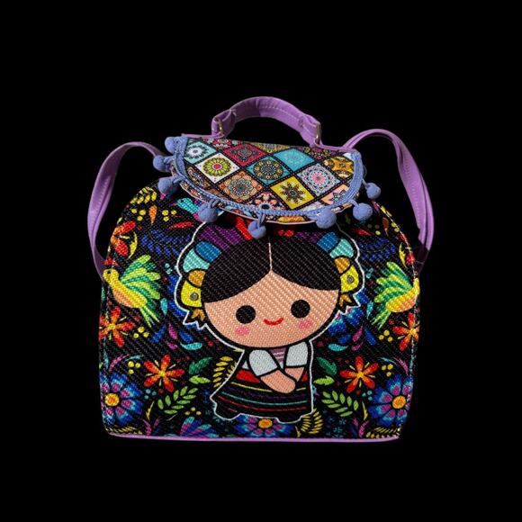 Handmade Mexican "Maria" Lele Doll Backpack Shoulderbag Handbag |  Purple - Picture 1 of 6